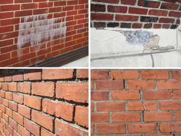 Feature image Common symptoms and causes of exterior wall distress include (clockwise, starting upper left corner): efflorescence, spalls, cracks, and mortar deterioration.