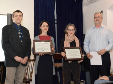 RAND Senior Architect Ivan Mrakovcic, Project Architect Valerie Landriscina, and Lincoln Condominium Board President Melanie Smith accept the Ortner Preservation Award for 153 Lincoln Place at the March Park Slope Civic Council meeting.