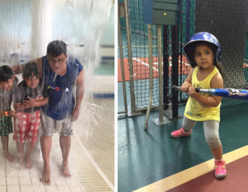 Rommel Abad and sons cool off in the Splash Zone while little slugger Isabella Marinez-Rio takes a cut in the batting cage at RAND's Summer Party at Chelsea Piers, Connecticut.